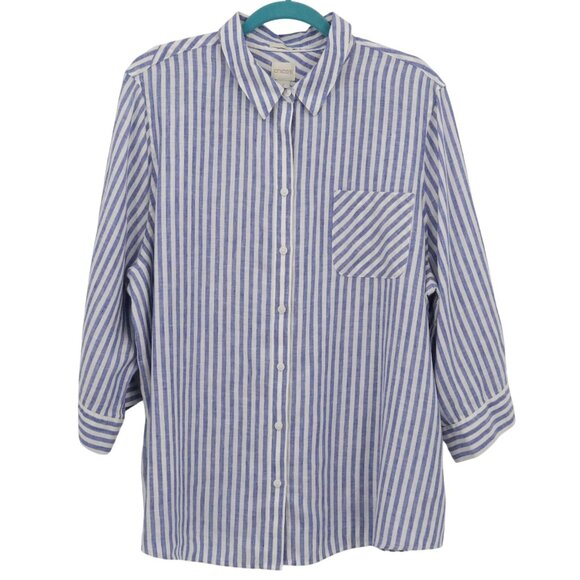 Chico's No-Iron Linen Shirt Womens XXL Blue Preppy Nautical Coastal Classic - Picture 1 of 16
